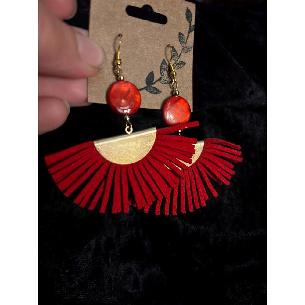 Upcycled Vintage Earrings - Handmade Sun Burst Dangles - Faux Red Leather Gold A
